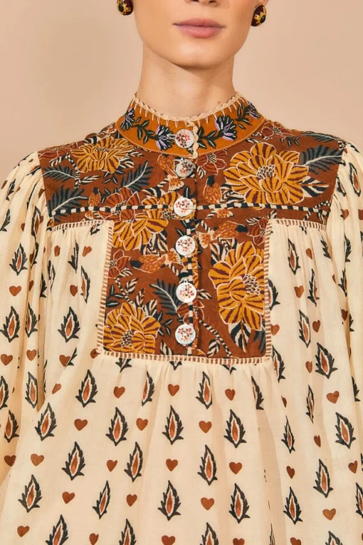  BEIGE AINIKA FLORAL LONG SLEEVE BLOUSE