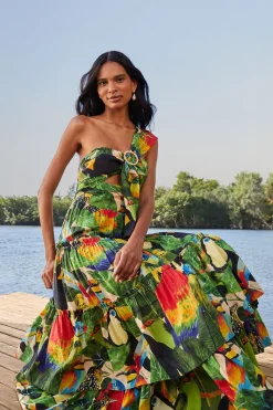  BIRD LEAVES SAND ONE SHOULDER MAXI DRESS