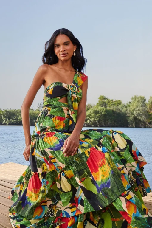  BIRD LEAVES SAND ONE SHOULDER MAXI DRESS