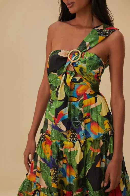  BIRD LEAVES SAND ONE SHOULDER MAXI DRESS