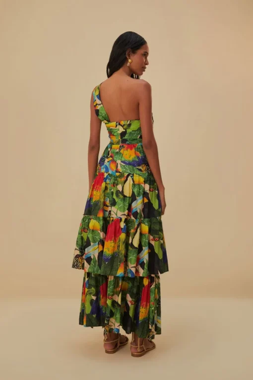  BIRD LEAVES SAND ONE SHOULDER MAXI DRESS