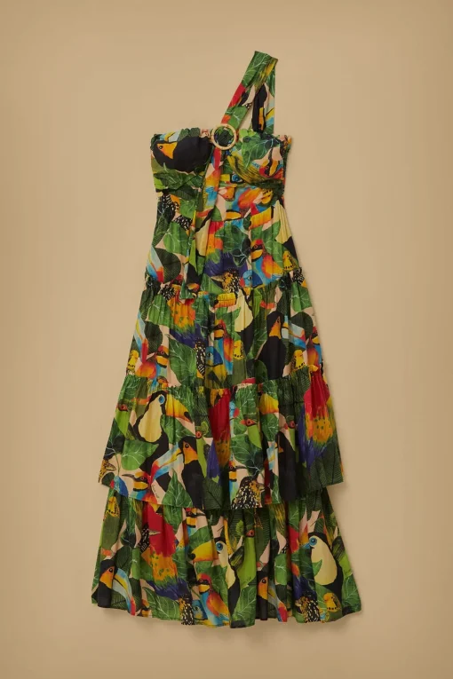  BIRD LEAVES SAND ONE SHOULDER MAXI DRESS