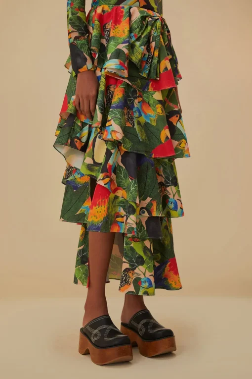  BIRD LEAVES SAND TIERED BOW DETAIL MAXI SKIRT