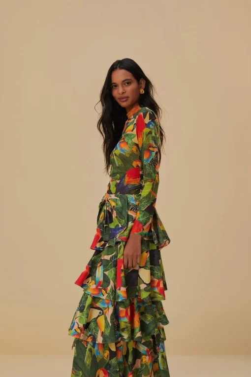  BIRD LEAVES SAND TIERED BOW DETAIL MAXI SKIRT
