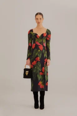  BLACK ANTHURIUM SLIT MIDI DRESS