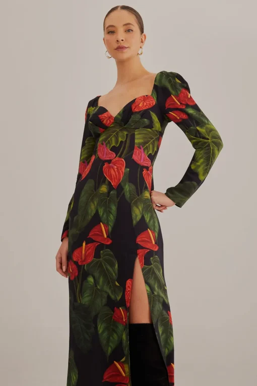  BLACK ANTHURIUM SLIT MIDI DRESS