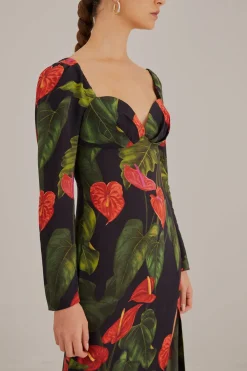 BLACK ANTHURIUM SLIT MIDI DRESS