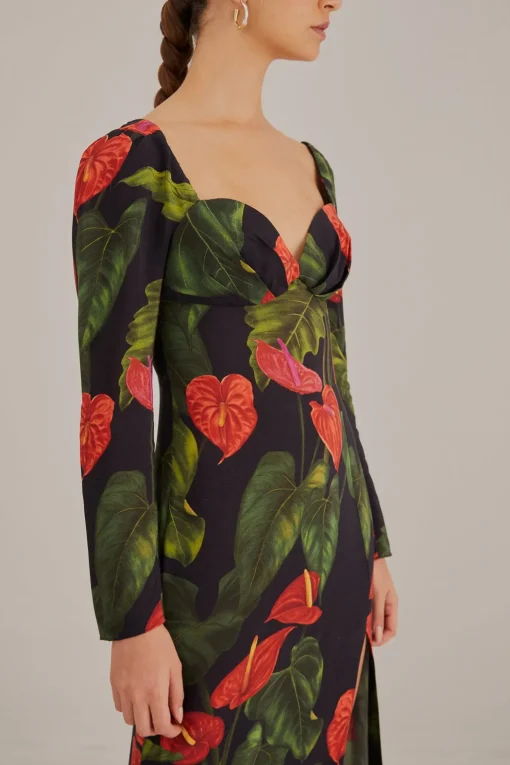  BLACK ANTHURIUM SLIT MIDI DRESS