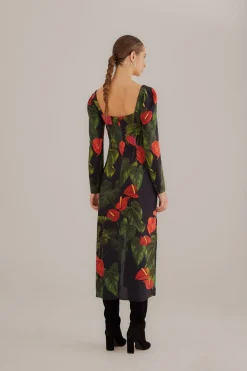  BLACK ANTHURIUM SLIT MIDI DRESS