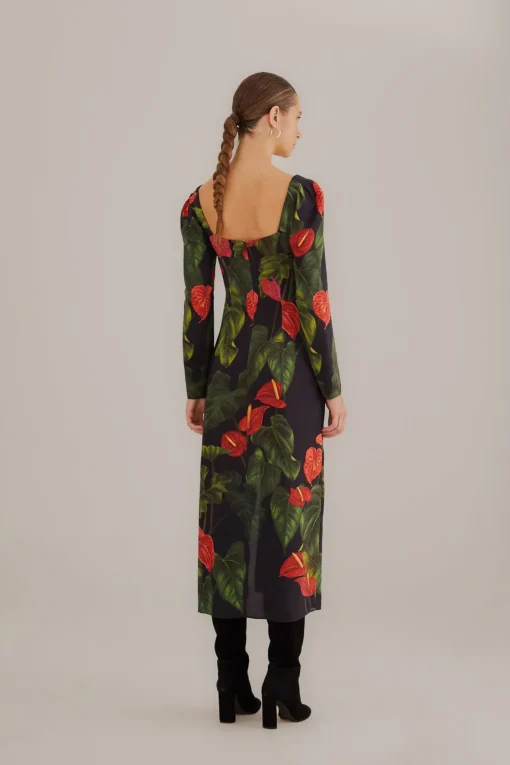 BLACK ANTHURIUM SLIT MIDI DRESS