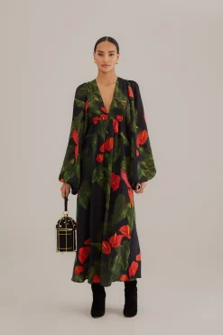  BLACK ANTHURIUM V NECK MAXI DRESS