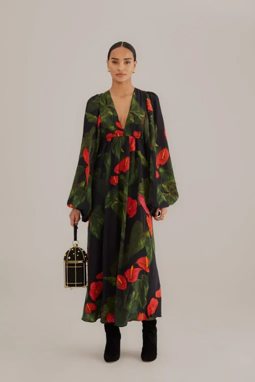  BLACK ANTHURIUM V NECK MAXI DRESS