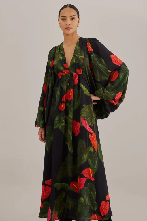  BLACK ANTHURIUM V NECK MAXI DRESS