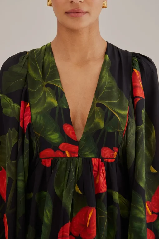  BLACK ANTHURIUM V NECK MAXI DRESS