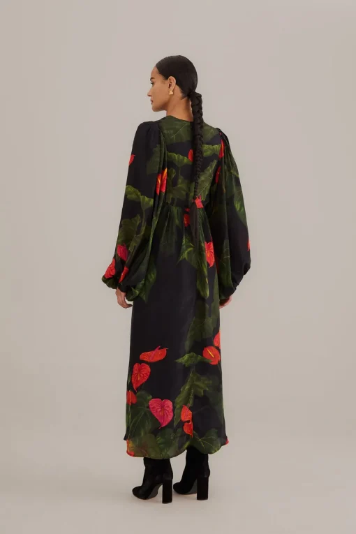  BLACK ANTHURIUM V NECK MAXI DRESS