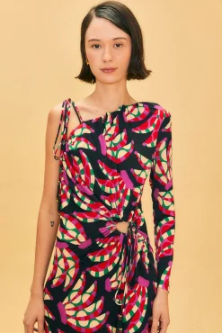  BLACK BANANA DOTS ONE SHOULDER MIDI DRESS