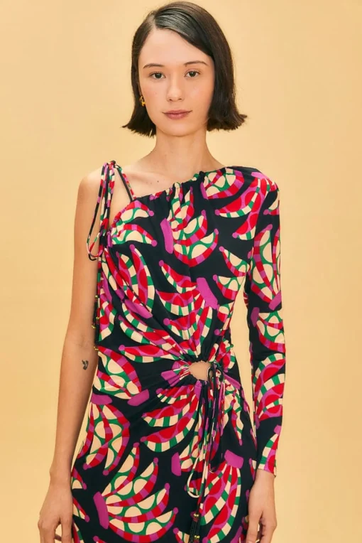  BLACK BANANA DOTS ONE SHOULDER MIDI DRESS