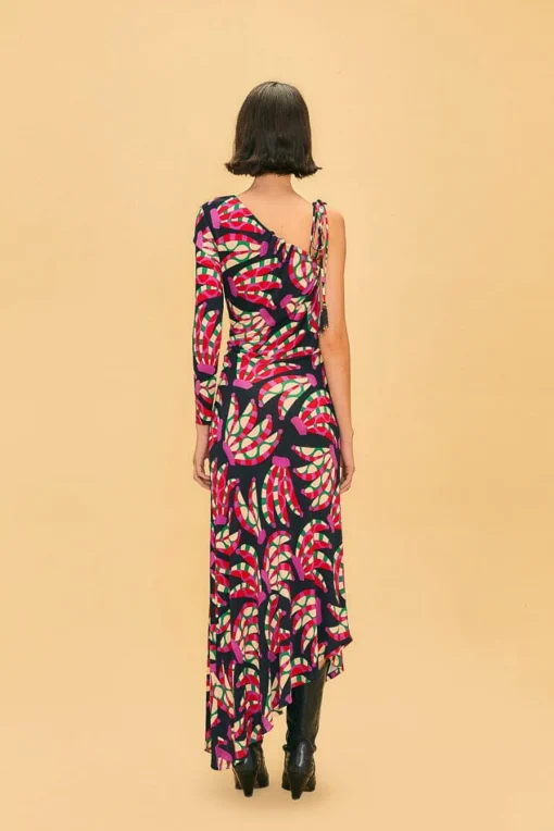  BLACK BANANA DOTS ONE SHOULDER MIDI DRESS