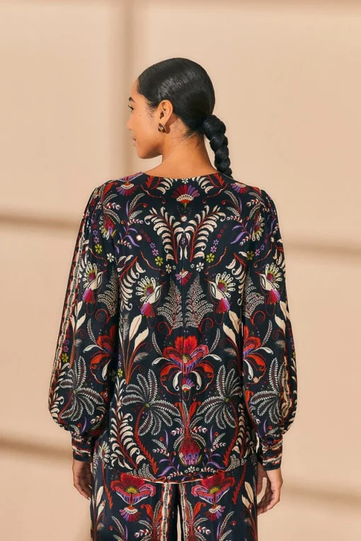  BLACK CLASSIC GARDEN MIRROR TRIM BLOUSE