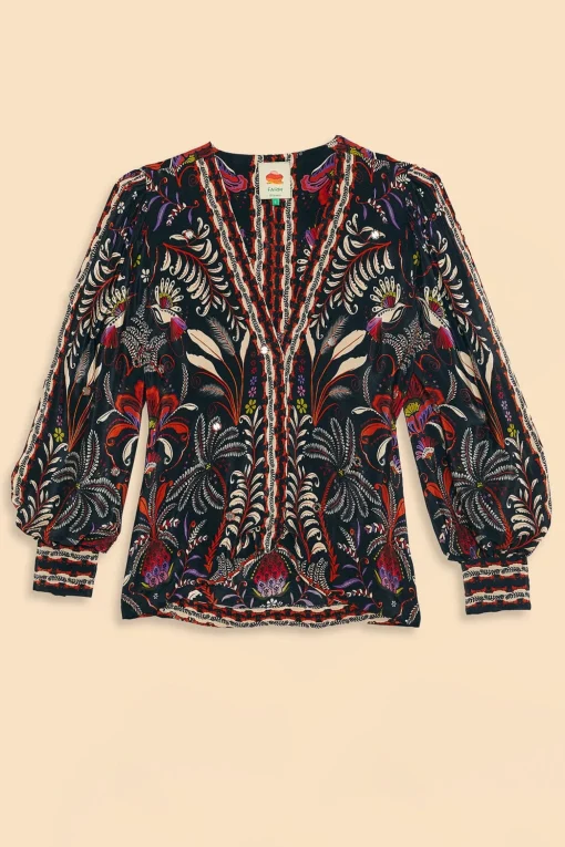  BLACK CLASSIC GARDEN MIRROR TRIM BLOUSE