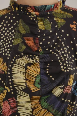  BLACK COLORFUL BIRDS TULLE BLOUSE