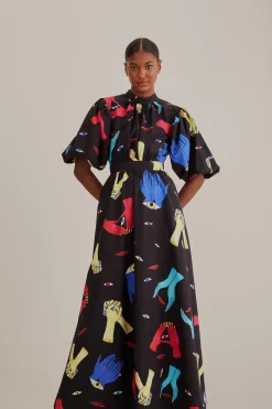  BLACK COLORFUL TOGETHER SHORT SLEEVE MIDI DRESS