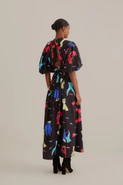  BLACK COLORFUL TOGETHER SHORT SLEEVE MIDI DRESS