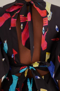  BLACK COLORFUL TOGETHER SHORT SLEEVE MIDI DRESS