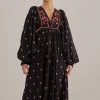  BLACK FLORAL EMBROIDERED V NECK MAXI DRESS