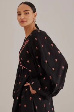  BLACK FLORAL EMBROIDERED V NECK MAXI DRESS