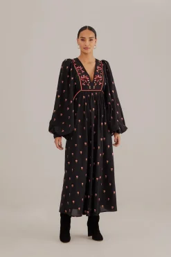  BLACK FLORAL EMBROIDERED V NECK MAXI DRESS
