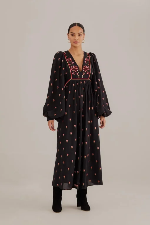  BLACK FLORAL EMBROIDERED V NECK MAXI DRESS