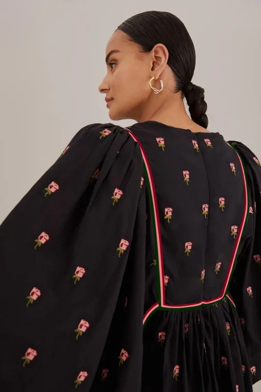  BLACK FLORAL EMBROIDERED V NECK MAXI DRESS
