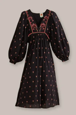  BLACK FLORAL EMBROIDERED V NECK MAXI DRESS