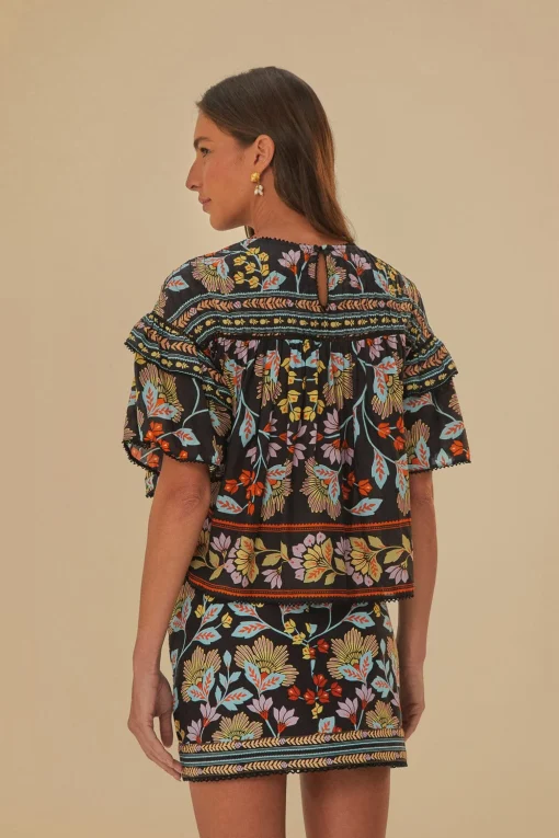 BLACK FLOWERY RUFFLE BLOUSE