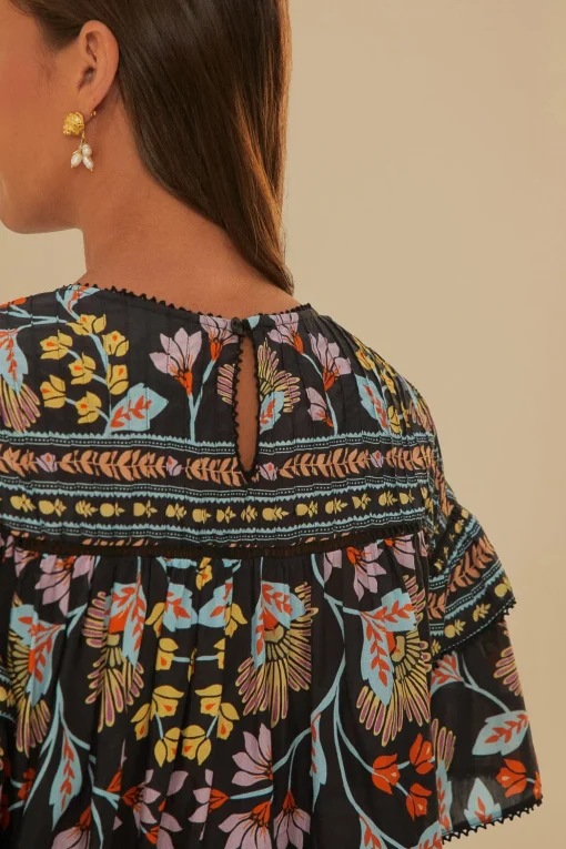  BLACK FLOWERY RUFFLE BLOUSE