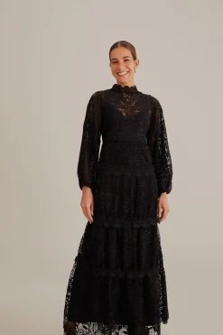  BLACK GUIPURE LONG SLEEVE MAXI DRESS