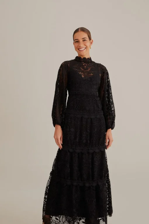  BLACK GUIPURE LONG SLEEVE MAXI DRESS