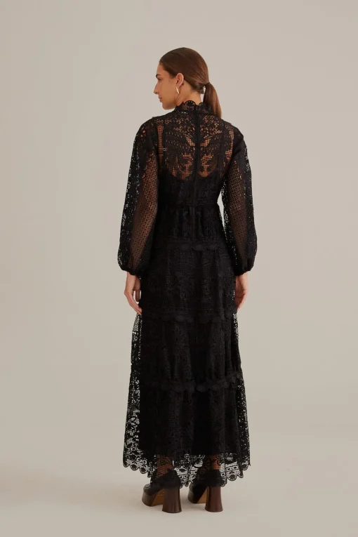  BLACK GUIPURE LONG SLEEVE MAXI DRESS