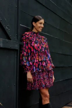  BLACK IRIDESCENT LEOPARDS RUFFLE MINI DRESS