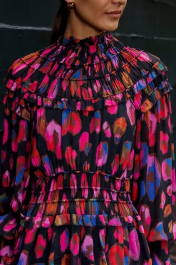  BLACK IRIDESCENT LEOPARDS RUFFLE MINI DRESS