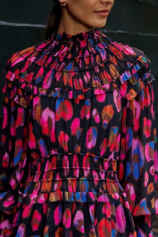  BLACK IRIDESCENT LEOPARDS RUFFLE MINI DRESS
