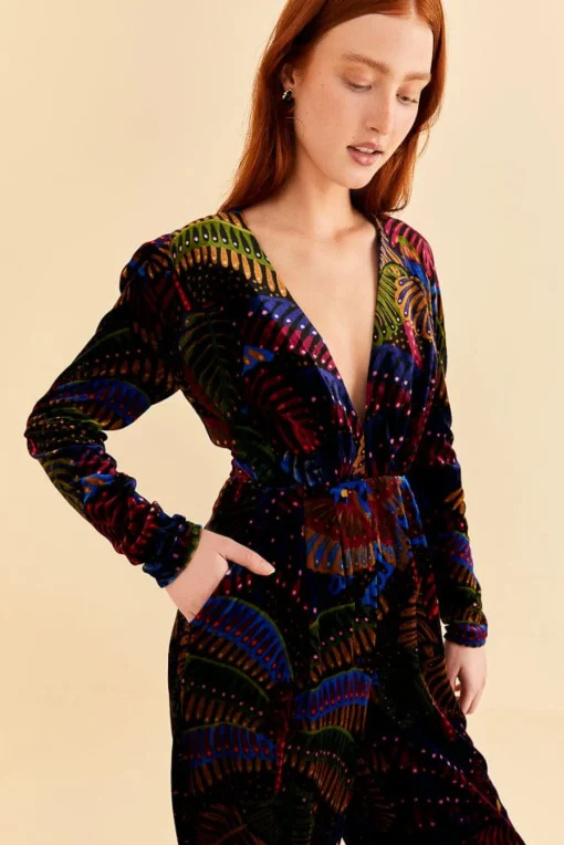  BLACK MIDNIGHT ISLAND V NECK VELVET JUMPSUIT