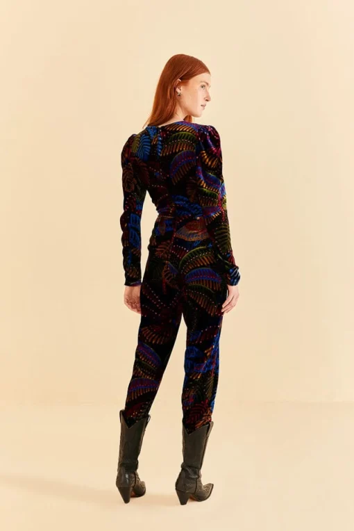  BLACK MIDNIGHT ISLAND V NECK VELVET JUMPSUIT