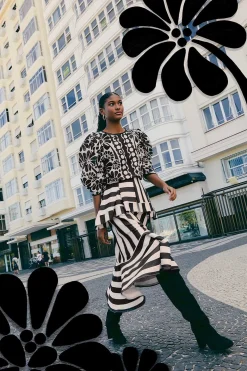  BLACK MIXED STRIPES MIDI SKIRT