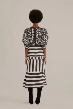  BLACK MIXED STRIPES MIDI SKIRT