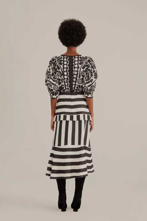  BLACK MIXED STRIPES MIDI SKIRT