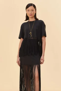  BLACK ORGANIC COTTON FRINGE MIDI  SKIRT