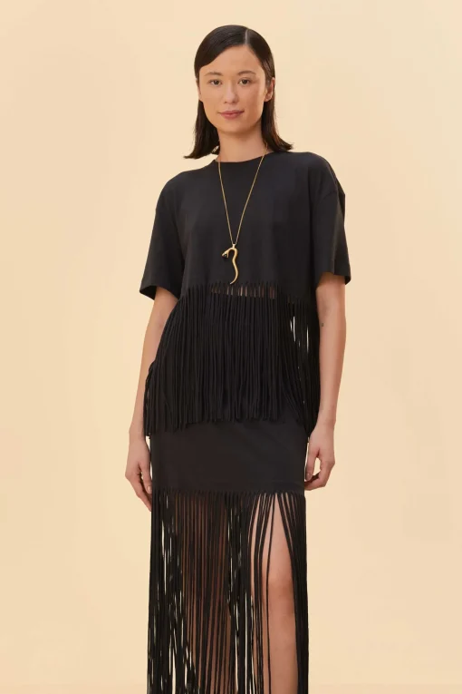  BLACK ORGANIC COTTON FRINGE MIDI  SKIRT