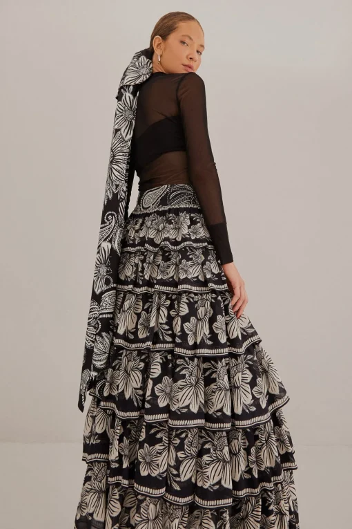  BLACK PAISLEY BLOOM TIERED SKIRT